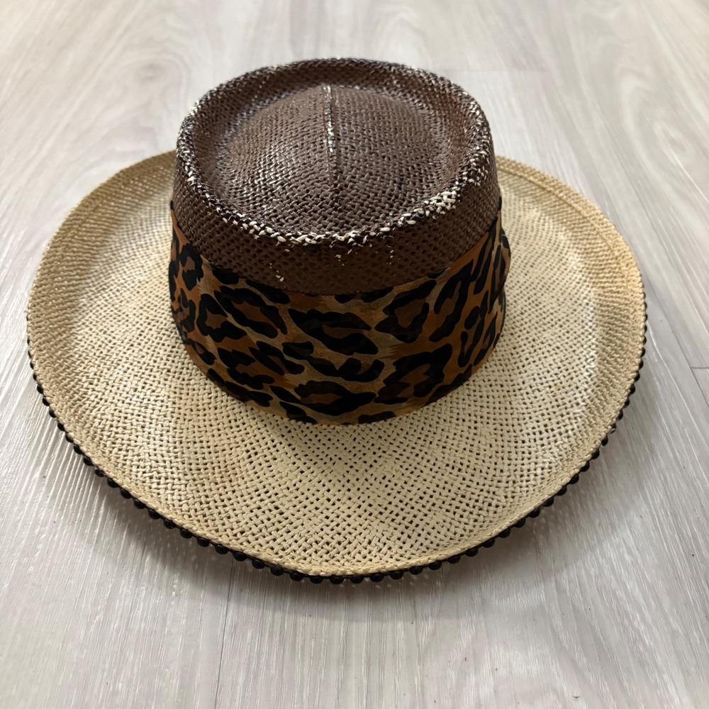 Fun Hats by The Hat Shop Straw Hat Leopard Print Ruffle Beaded 6 5/8 to 7 1/8